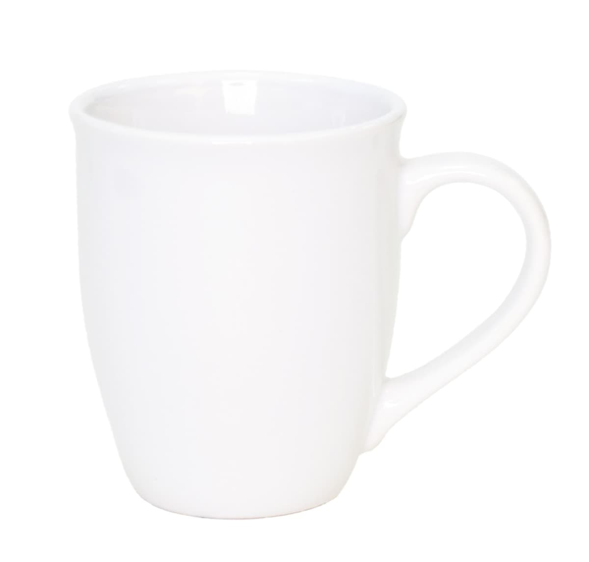A plain white ceramic mug with a traditional handle, placed against a white background.