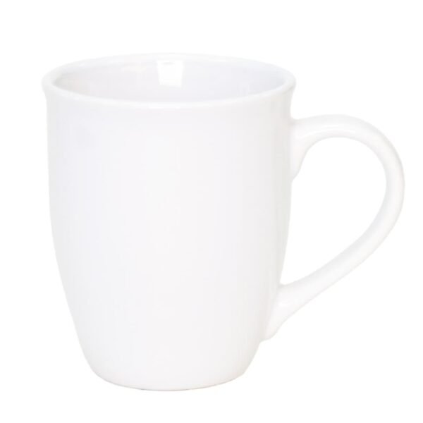 A plain white ceramic mug with a curved handle, shown against a white background.
