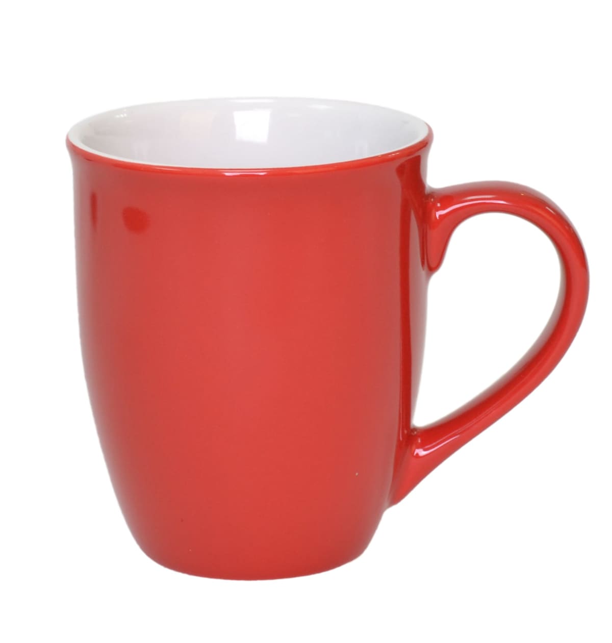 Red ceramic mug with a smooth, glossy finish. It has a simple, classic design with a curved handle and a white interior.