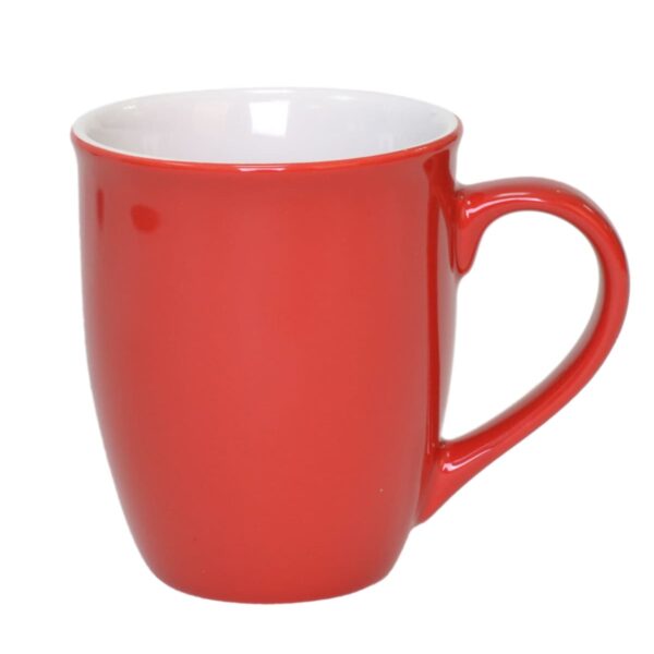 A plain red ceramic mug with a curved handle, filled with white on the inside, set against a white background.