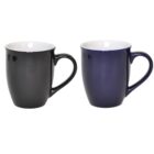 Two ceramic mugs are side by side. The left mug is black, and the right mug is dark blue. Both have a white interior and sleek, curved handles. They are set against a plain white background.