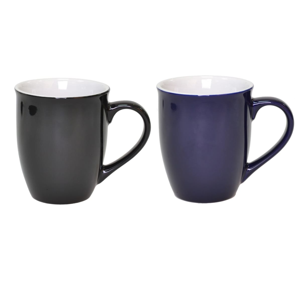 Two ceramic mugs are side by side. The left mug is black, and the right mug is dark blue. Both have a white interior and sleek, curved handles. They are set against a plain white background.