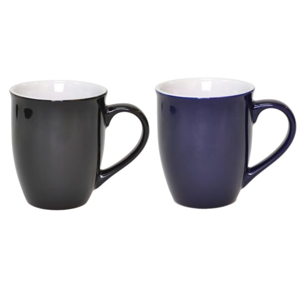 Two ceramic mugs are displayed against a white background. The mug on the left is black, and the one on the right is dark blue. Both mugs have a glossy finish and curved handles.