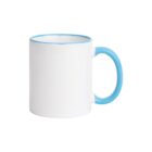 White ceramic mug with a light blue handle and rim, isolated against a plain white background. The smooth, glossy surface reflects light, highlighting its simple and clean design.