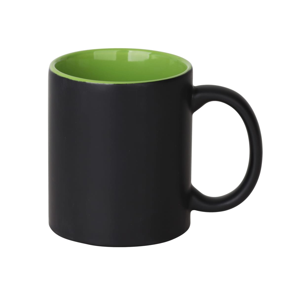 A matte black mug with a vibrant green interior and a smooth handle, standing on a plain white background.