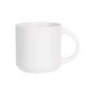 White ceramic mug with a simple design, featuring a smooth surface and a rounded handle, placed against a plain white background.