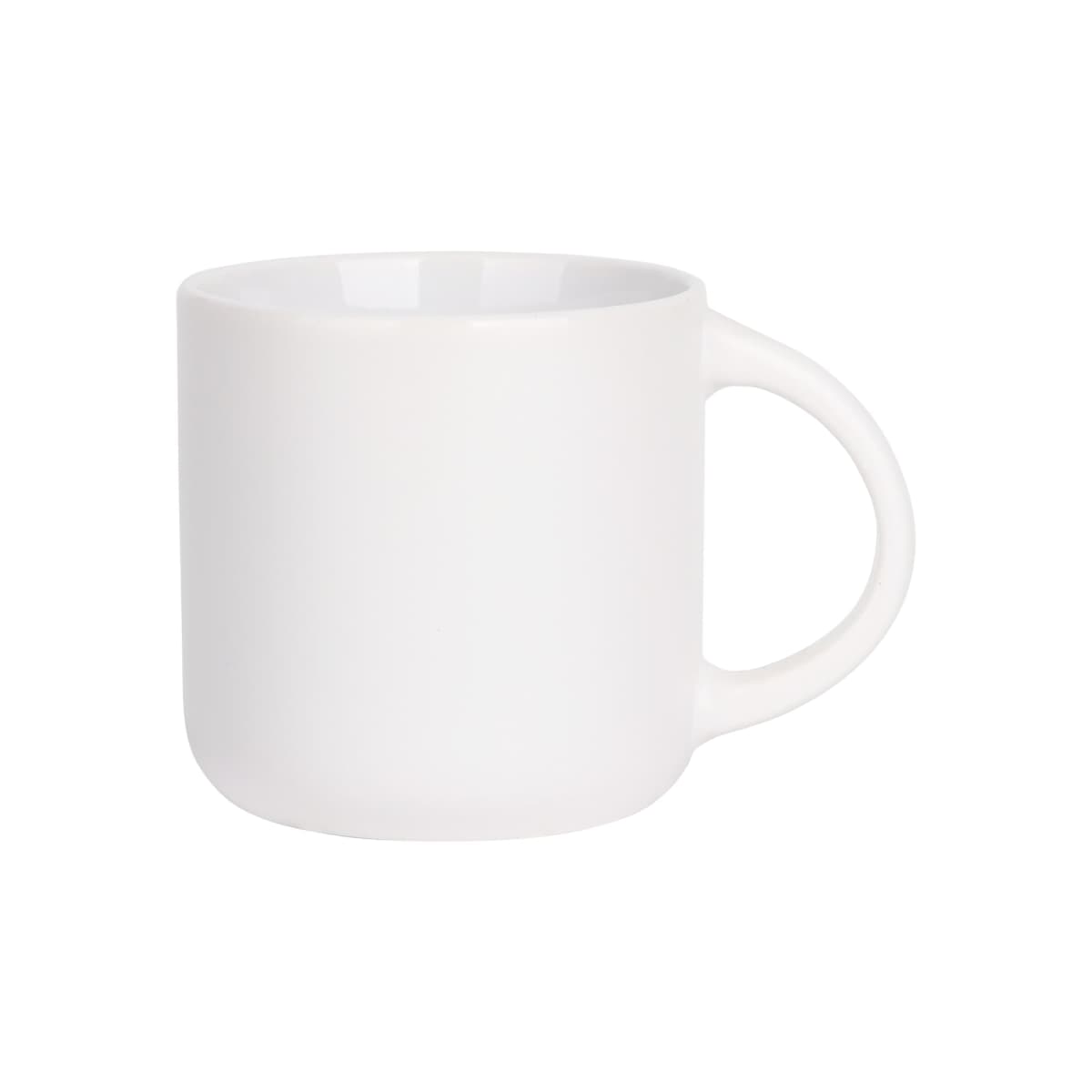 White ceramic mug with a simple design, featuring a smooth surface and a rounded handle, placed against a plain white background.