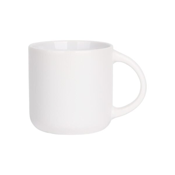 A plain white ceramic mug with a smooth surface and a large handle, placed against a white background.