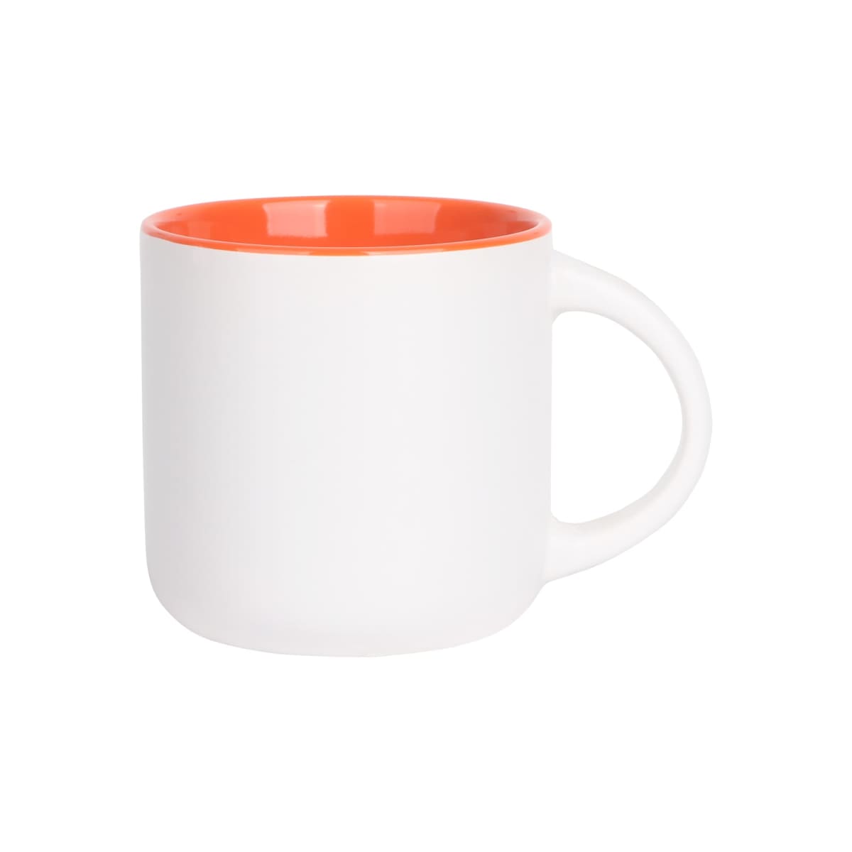 A white ceramic mug with a glossy finish and an orange interior. The mug has a curved handle on the right side and is set against a plain white background.