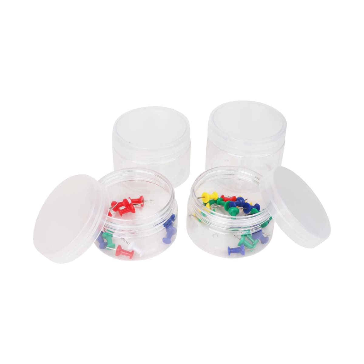 Four small clear plastic containers with white lids are shown. Two containers are open, one containing colorful push pins, and the other is empty. The other two containers are closed and empty.