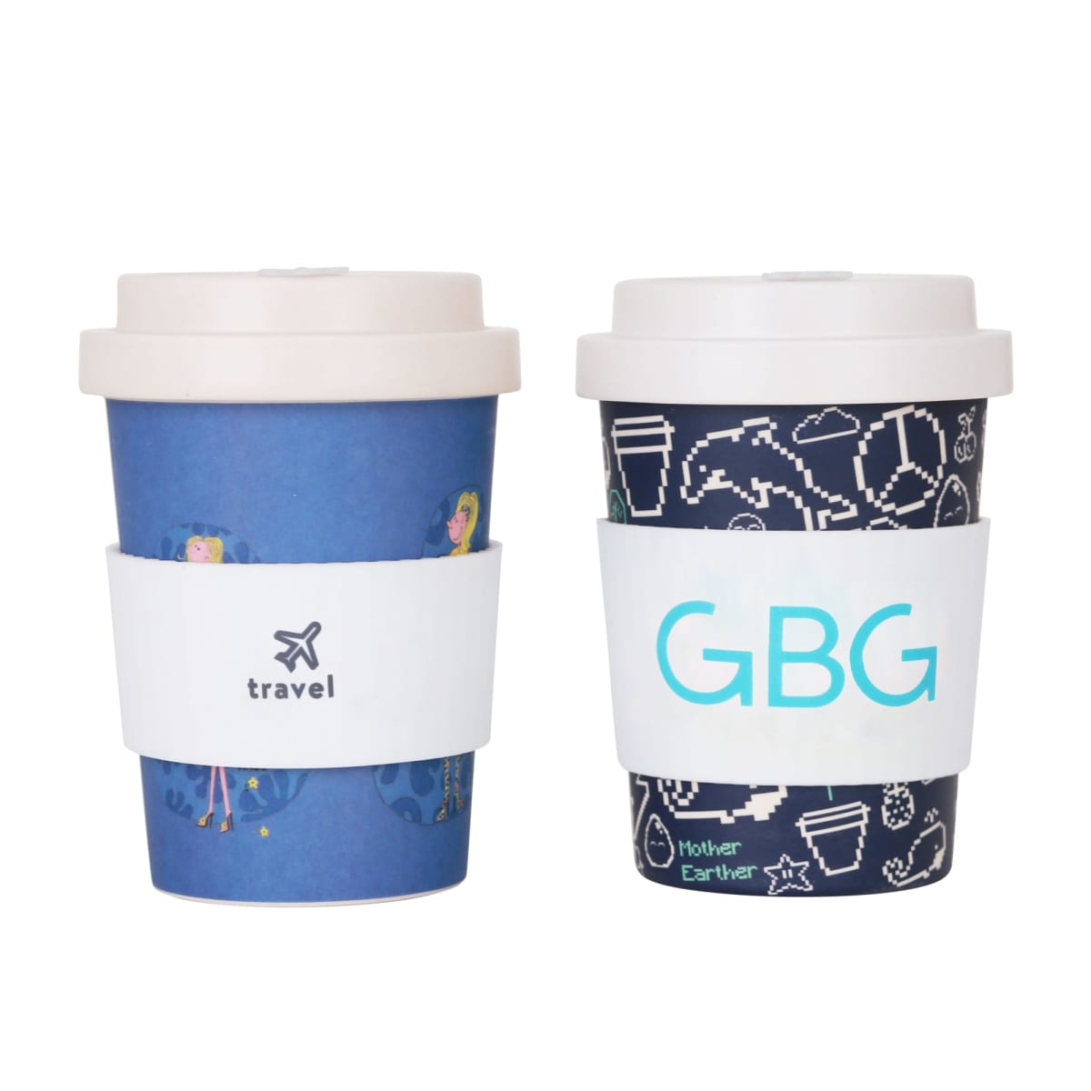 Two travel mugs with white lids and holders. The left mug is blue with a travel logo and airplane icon. The right mug has a dark design with GBG in light blue. Both have eco-friendly themes and graphics.