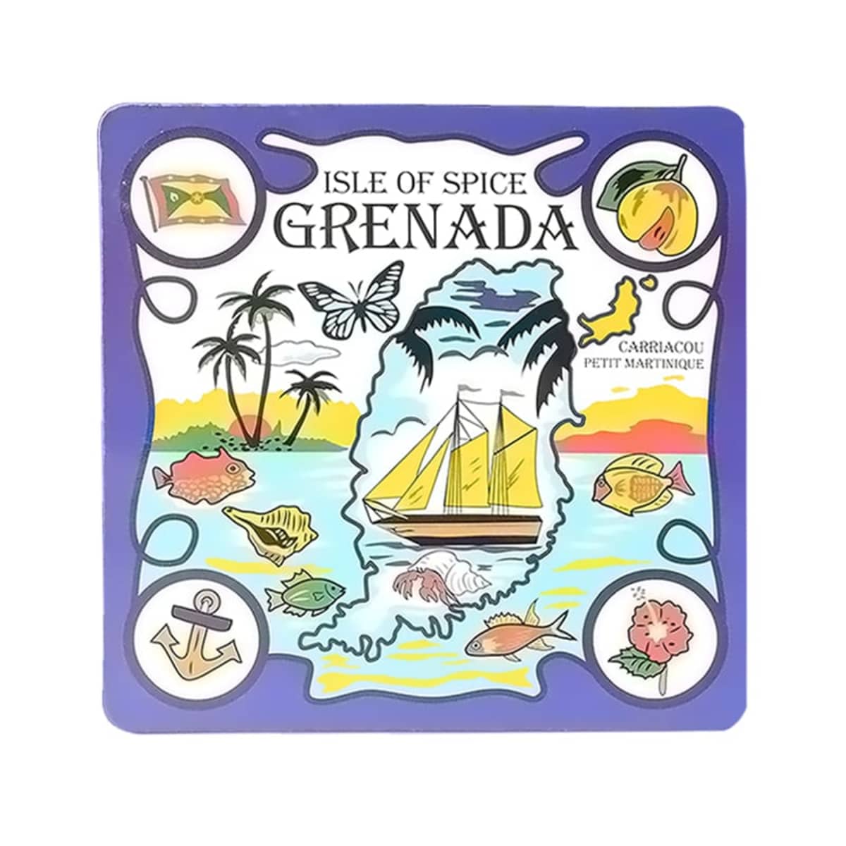 Colorful square illustration representing Grenada, titled Isle of Spice. Features a sailboat, fish, butterfly, anchor, spice, and tropical scenery with palm trees. Decorated with icons and surrounded by a blue border.