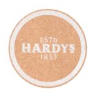 A round cork coaster with a white border, featuring the text ESTD HARDYS 1853 in the center.