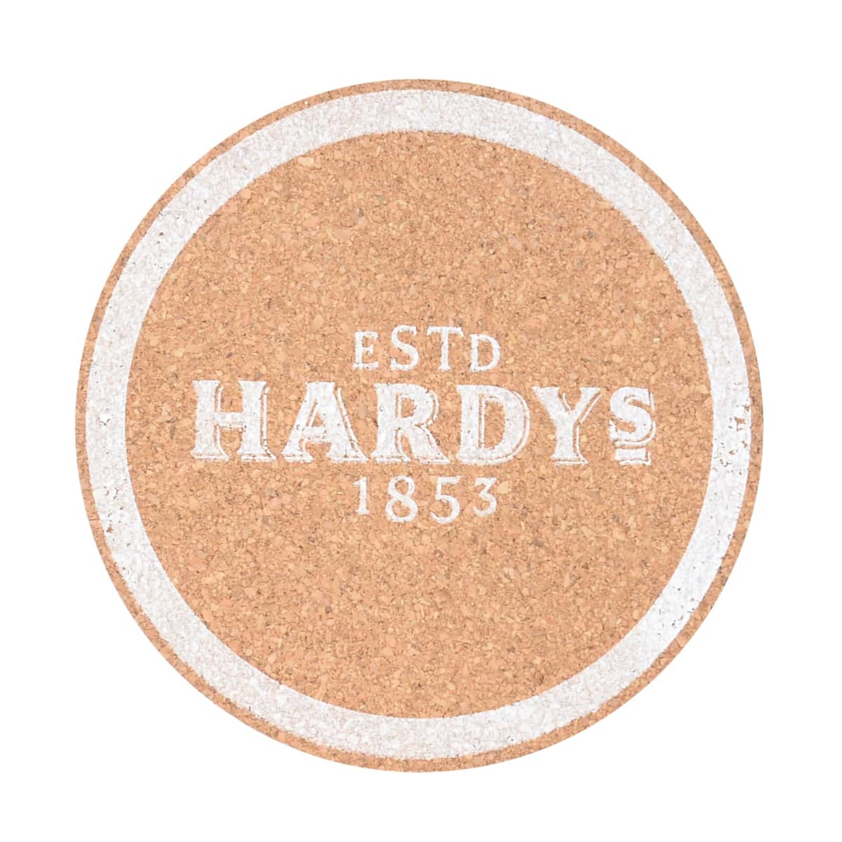 A round cork coaster with a white border, featuring the text ESTD HARDYS 1853 in the center.