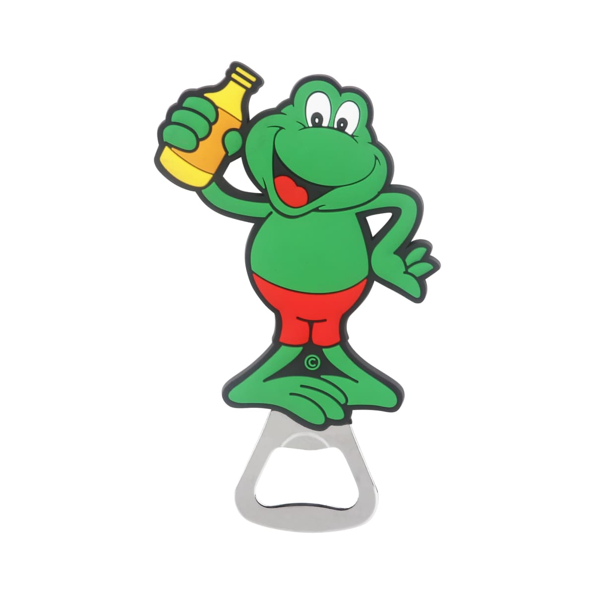 A cartoon green frog character wearing red shorts, holding a yellow bottle, with a happy expression. Its feet form the handle of a bottle opener, with the metal opener part below. The background is plain white.