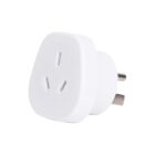 White electrical plug adapter with two prongs and a grounding pin, designed for compatibility with various plug types. The adapter has a sleek, rounded design, suitable for travel or connecting devices to different outlet standards.