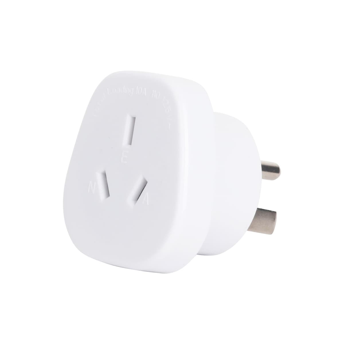 White electrical plug adapter with two prongs and a grounding pin, designed for compatibility with various plug types. The adapter has a sleek, rounded design, suitable for travel or connecting devices to different outlet standards.