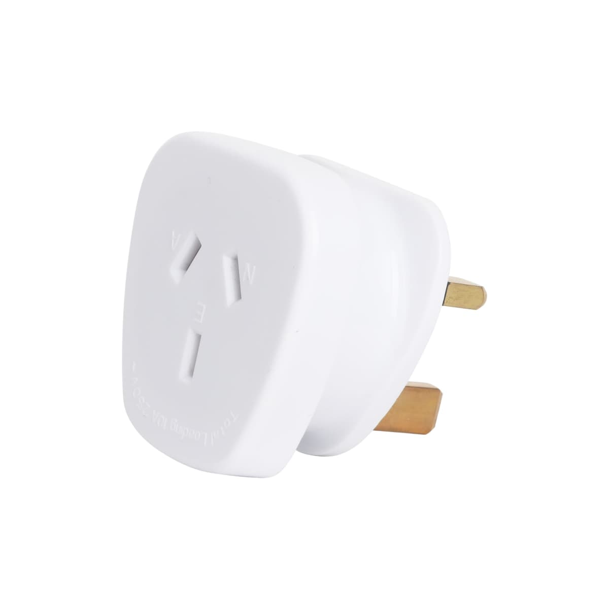 A white electrical plug adapter with three rectangular prongs. The front has a circular surface with an electrical socket design.