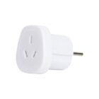 A white electrical plug adapter with a three-prong socket on one side and a two-pin plug on the other. It is designed for international use, allowing different plug types to connect to various outlets. The adapter is shown on a plain white background.