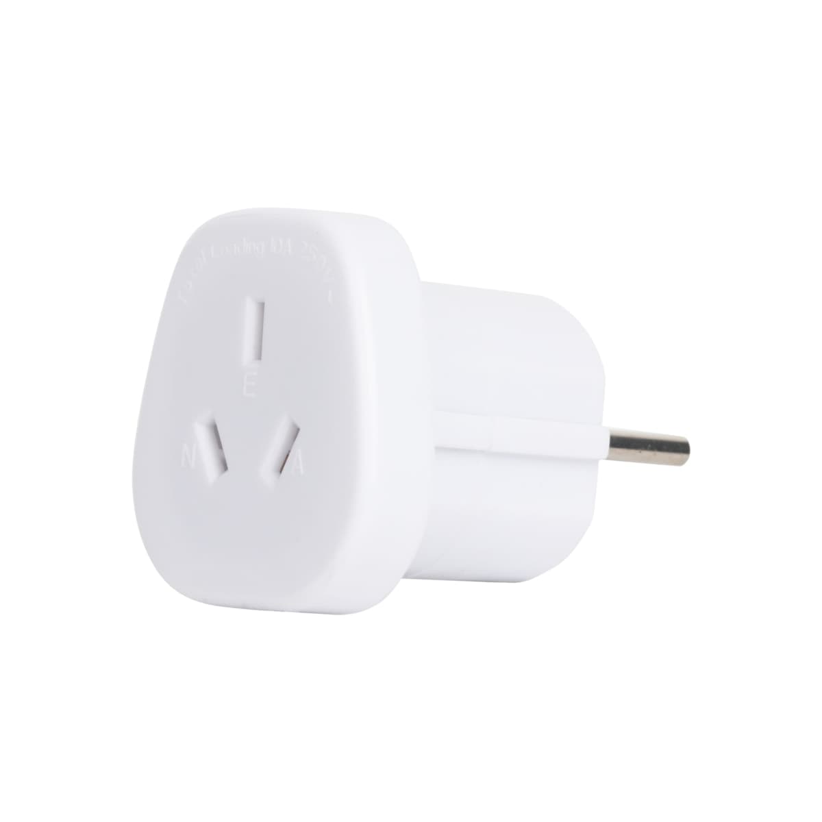 A white electrical plug adapter with a three-prong socket on one side and a two-pin plug on the other. It is designed for international use, allowing different plug types to connect to various outlets. The adapter is shown on a plain white background.