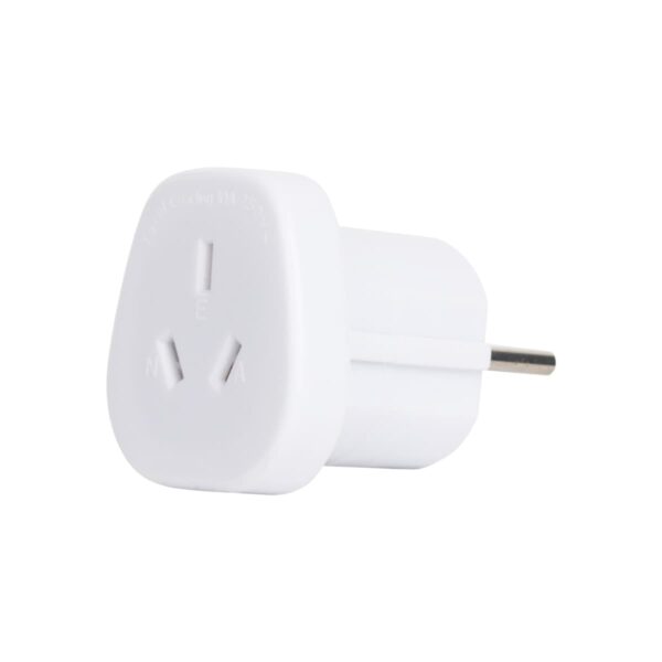 A white electrical plug adapter with two round pins and a three-prong socket suitable for various international plug types. The adapter is positioned showing its side and front view against a plain background.