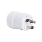 A white electrical plug adapter with three metal prongs protruding outward. The adapter has a cylindrical shape with a smooth, glossy surface.
