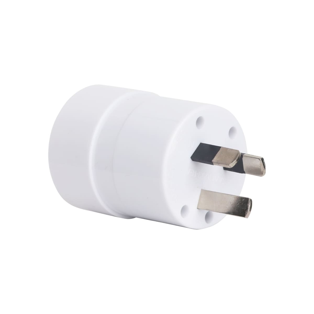 A white electrical plug adapter with three metal prongs protruding outward. The adapter has a cylindrical shape with a smooth, glossy surface.