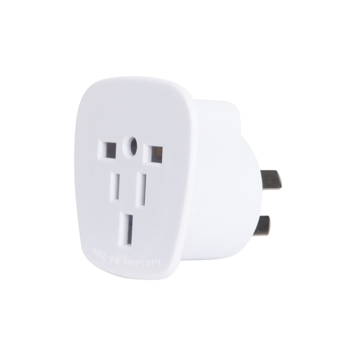 A white universal travel adapter with three-pronged plug and multiple socket inputs, designed to fit various international plug types. It is compact and suitable for travel use.