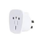 White electrical plug adapter with three rectangular prongs on one side and a socket for various plug types on the other, designed for international compatibility.