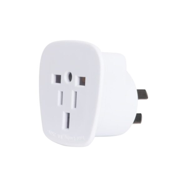 White electrical plug adapter with three rectangular prongs on one side and a socket for various plug types on the other, designed for international compatibility.