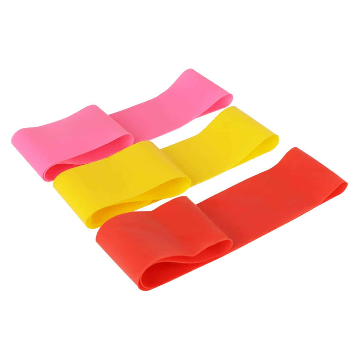 Four resistance bands in pink, yellow, and orange lie flat on a white background. They are small exercise loop bands often used for strength training and physical therapy.