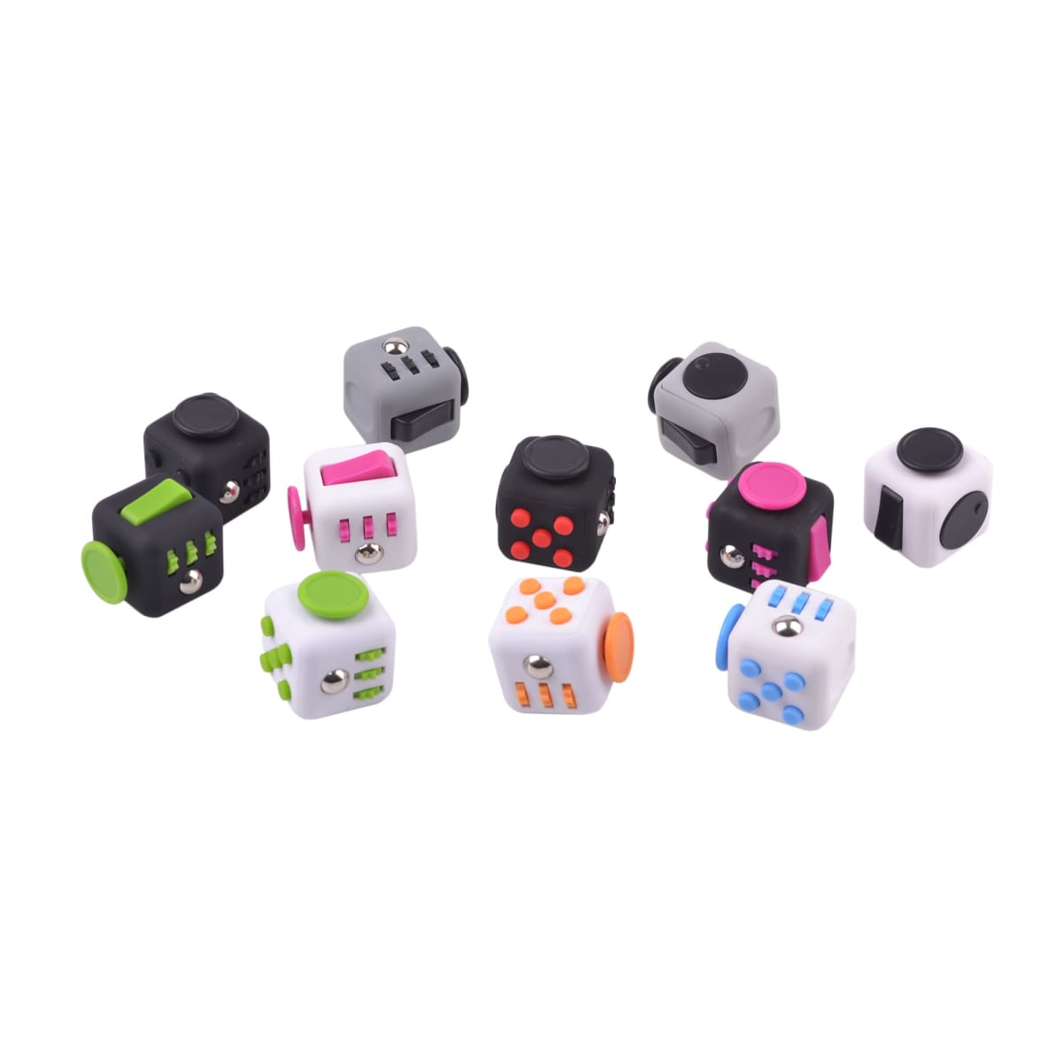 A collection of multicolored fidget cubes arranged in a semicircle on a white background. Each cube features various switches, buttons, and dials for tactile interaction.