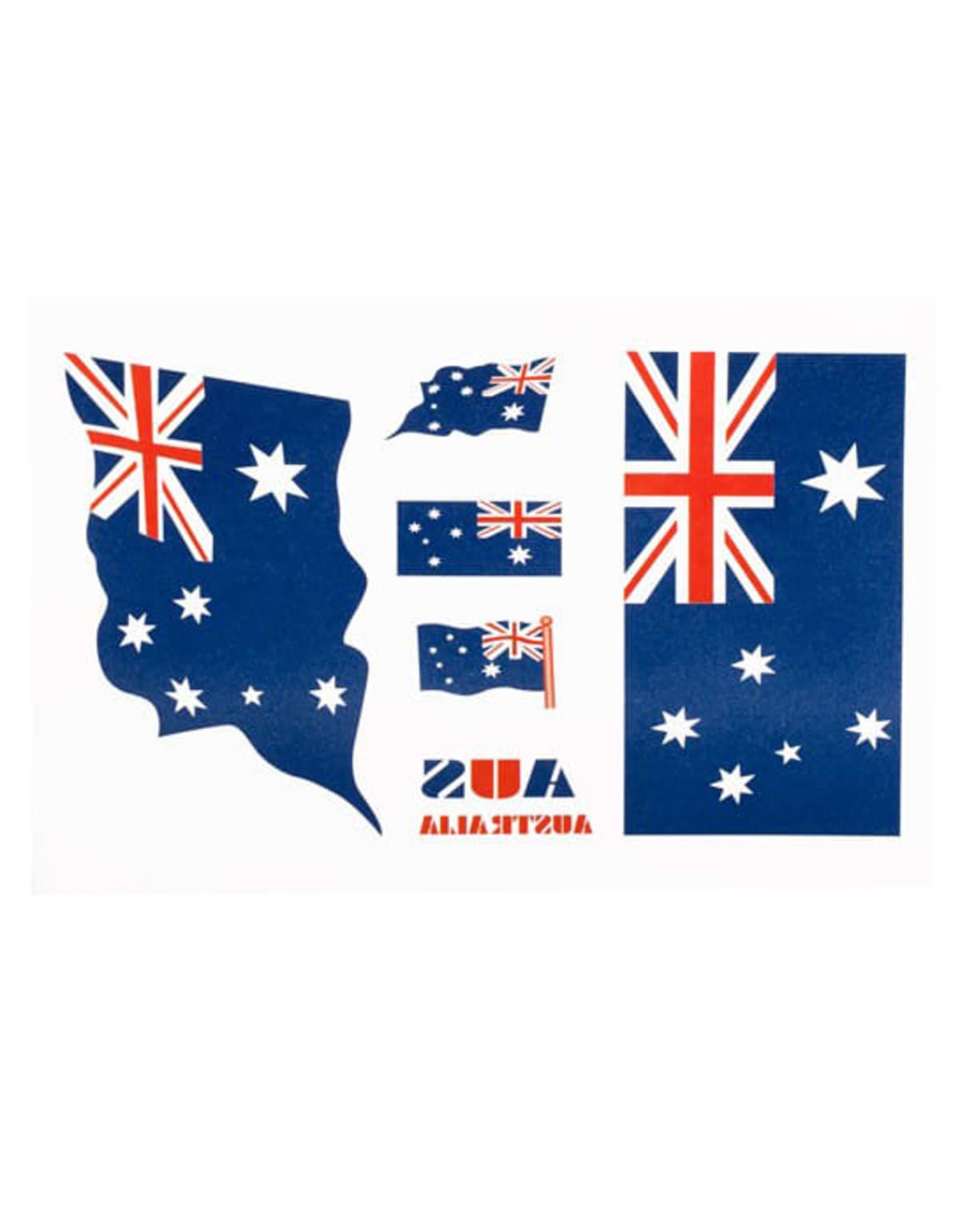 Image of various representations of the Australian flag, including stylized and traditional versions. The word Australia is also written in different styles.