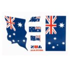 Several Australian flags in various sizes and shapes are displayed. The word Australia is written at the bottom in red and blue capital letters, both forwards and backwards.