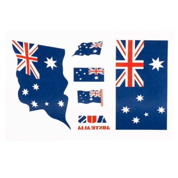 Several Australian flags in various sizes and shapes are displayed. The word Australia is written at the bottom in red and blue capital letters, both forwards and backwards.