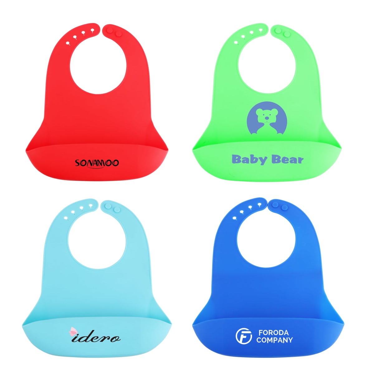 Four colorful silicone bibs are displayed. The top row shows a red bib with Sovamoo and a green bib with Baby Bear. The bottom row shows a light blue bib with Idero and a blue bib with Foroda Company. Each has adjustable neck fasteners.