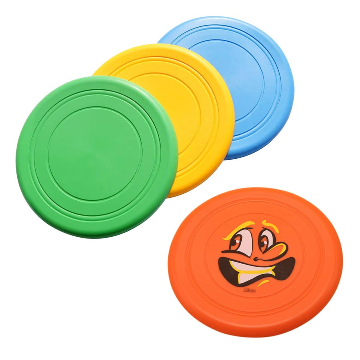 Four colorful frisbees are shown: green, yellow, blue, and orange. The orange frisbee features a playful cartoon face with big eyes, a smiling mouth, and an expressive eyebrow.