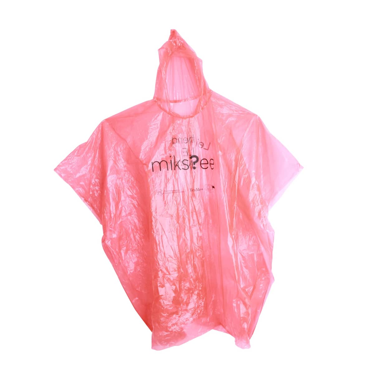 Pink disposable rain poncho with a hood, featuring the word mikipee printed in black on the front.