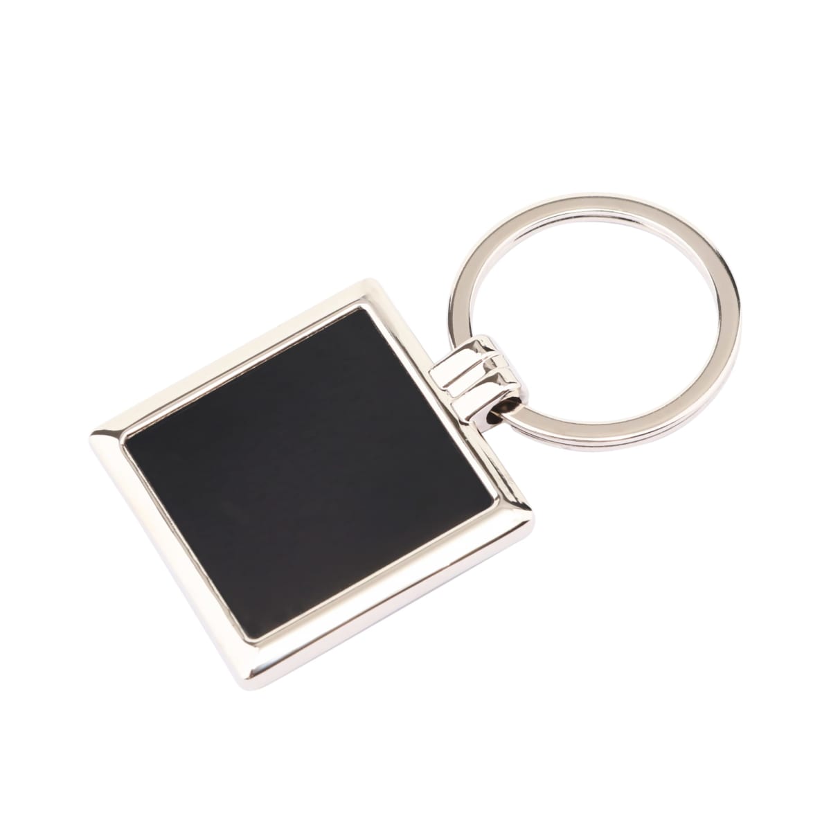 A silver keychain with a square black center, featuring a sleek and minimalist design. The keyring is attached to the top edge of the square piece. The background is plain white.