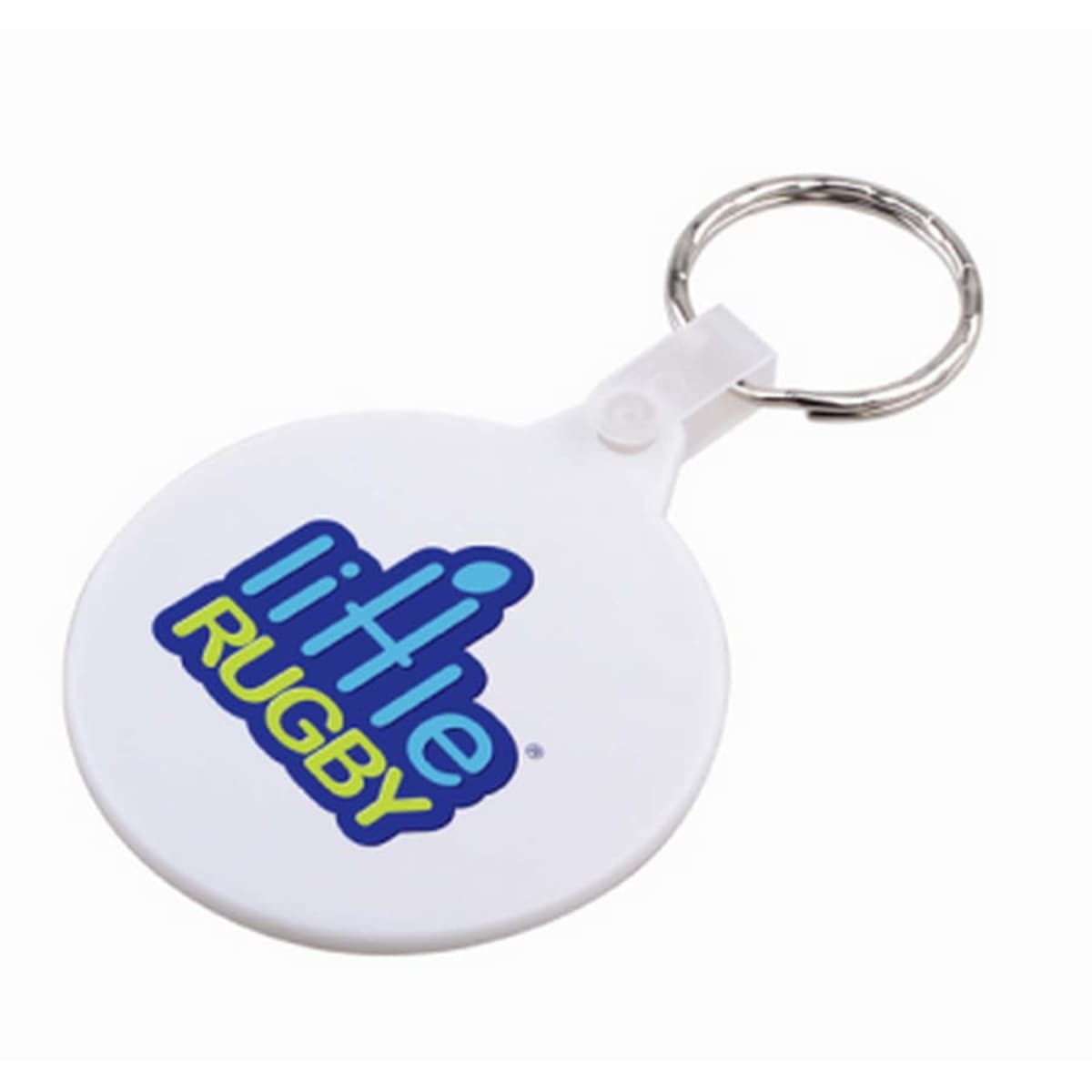 A round white keychain with a silver metal ring. The keychain features the words little RUGBY in blue and yellow letters.