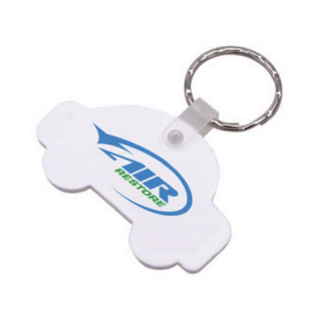 Keychain in the shape of a car, made from white material, featuring a logo with blue and green text. The logo reads AIR RESTORE with a stylized swoosh above it. The keyring is metallic and attached to the car-shaped piece.