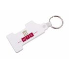 A white keychain with a rectangular tag featuring a red MTR logo and three gold-colored bars above it. The keychain has a silver metal ring.