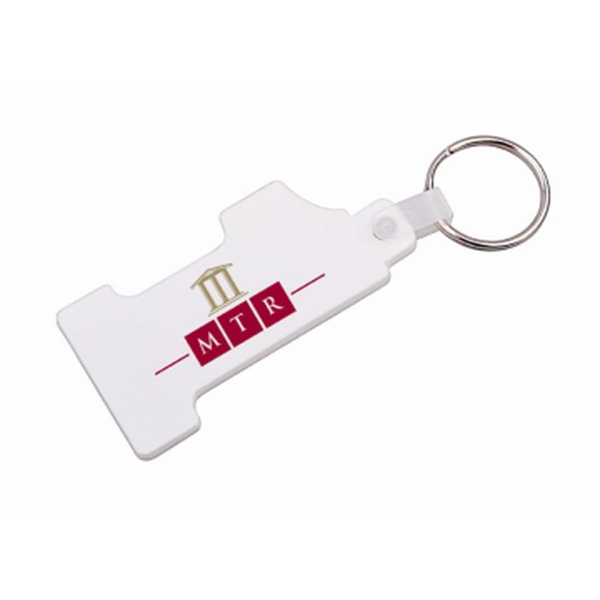 A white keychain with a rectangular tag featuring a red MTR logo and three gold-colored bars above it. The keychain has a silver metal ring.