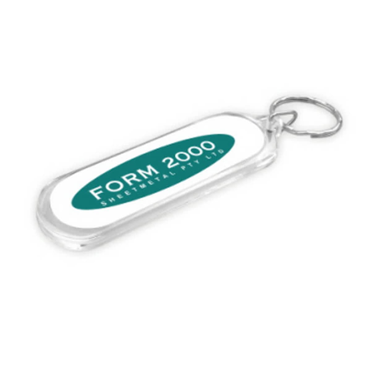 A rectangular keychain with a metal ring and a translucent border. It has a white center with a green oval containing the text FORM 2000 SHEETMETAL PTY LTD in white letters.