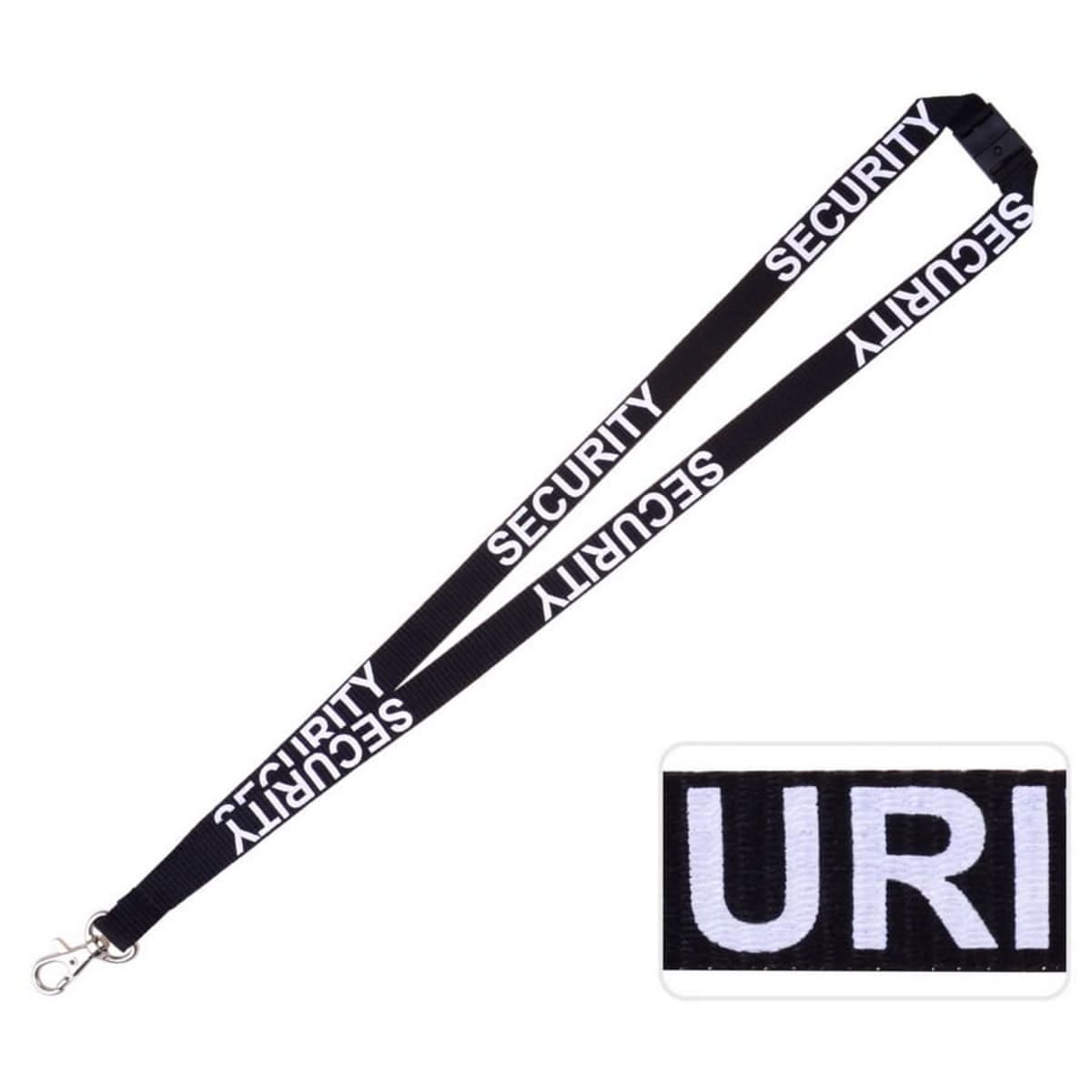 A black lanyard with the word SECURITY printed in white repeatedly. It has a metal clip at one end. An inset shows a close-up of the letters URI in white against the black background of the lanyard.