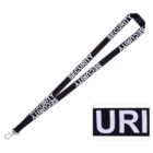 Black lanyard with the word SECURITY in white, repeated along its length. It has a metal clip at the end. An inset close-up image shows a section with the letters URI.