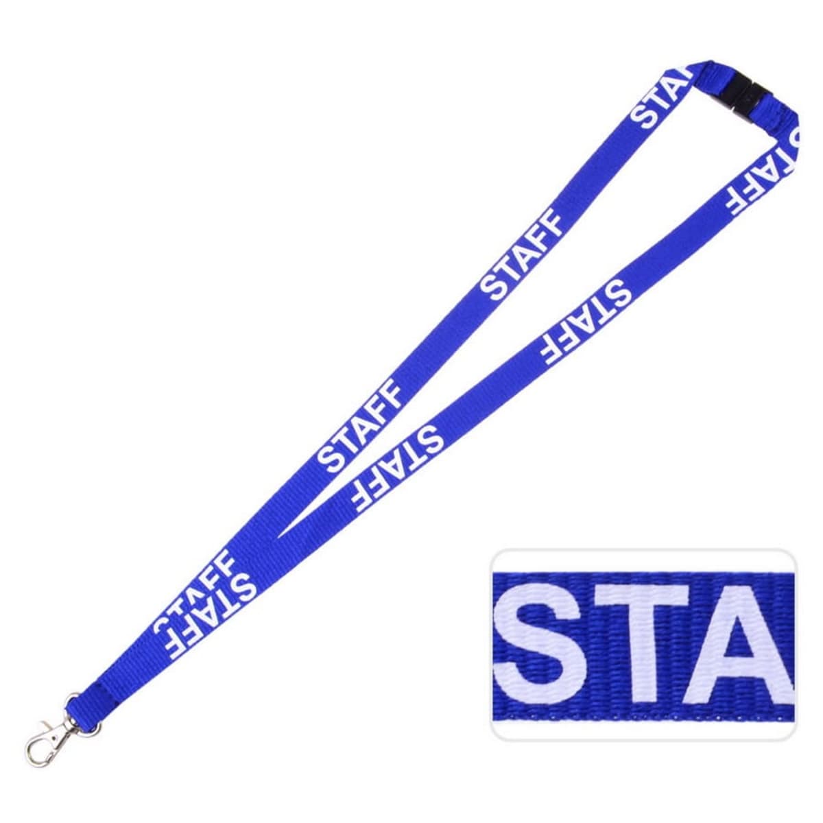 A blue lanyard with the word STAFF printed in white repeatedly. The lanyard has a metal swivel hook for attaching badges or IDs. An enlarged section of the fabric shows the word STAFF in detail.