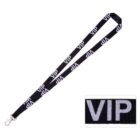 Black lanyard with VIP printed in white letters multiple times along its length. Attached to a metal clip. Inset shows a close-up of the VIP lettering.