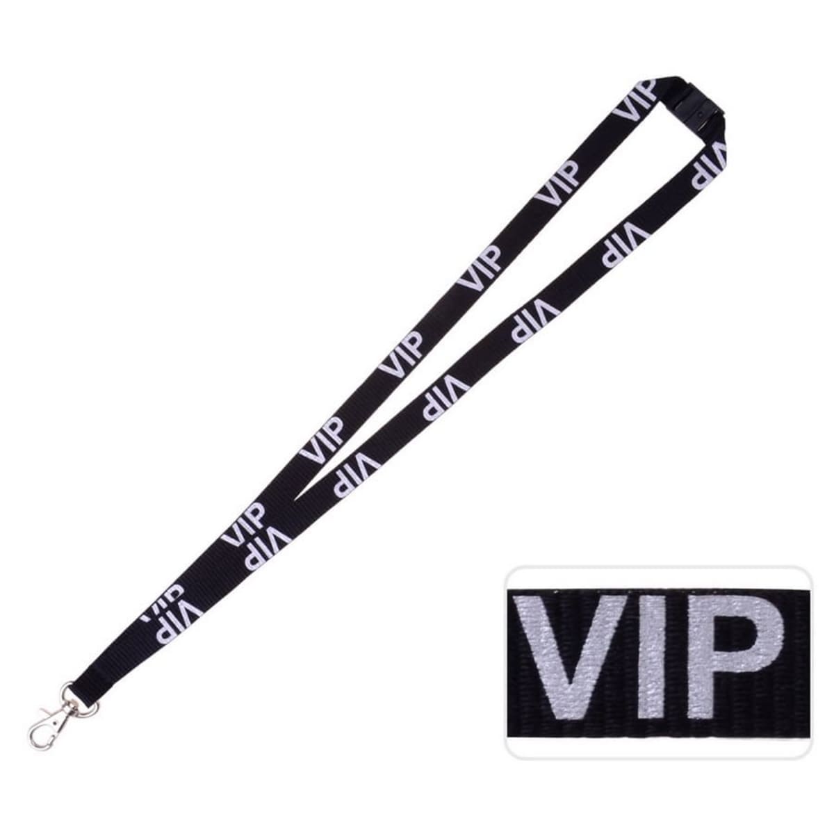 Black lanyard with VIP printed in white letters multiple times along its length. Attached to a metal clip. Inset shows a close-up of the VIP lettering.