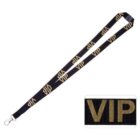 A black lanyard with VIP written in gold letters repeatedly along its length. It features a metal clip at the end. An inset shows a close-up of the VIP text.
